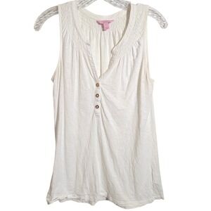 Lilly Pulitzer White Sleeveless Top Button Down V Neck Smocked Blouse Size S